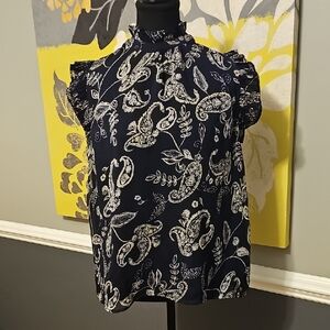 Tahari Navy and White Paisley Ruffle Mock Neck Camisole